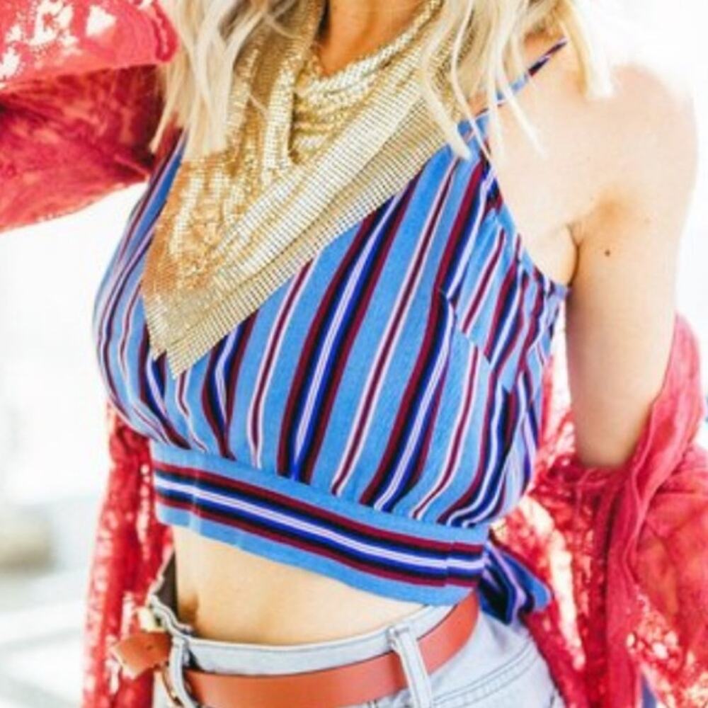 Band of Gypsies Women's Aqua Maroon Stripe Lily Split Tie Back Crop Top sz XS
